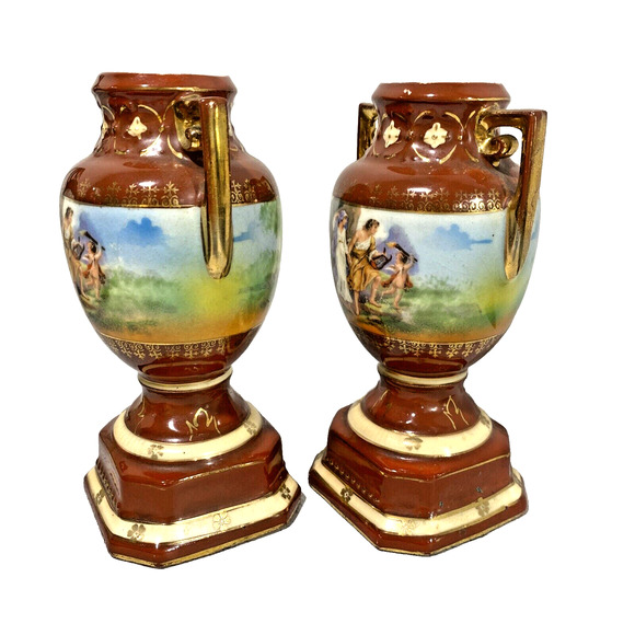 Vintage Ornate Petite Czechoslovakia Erphila Art Pottery Urns Shaped Vase PAIR - Picture 4 of 13